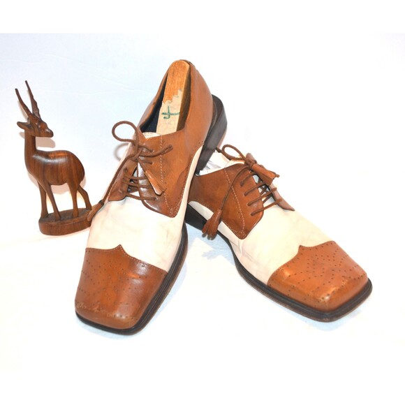 Vintage Spectator Two Tone Box Toe Leather Italian Stud Lindy Bop Guru - Picture 1 of 7